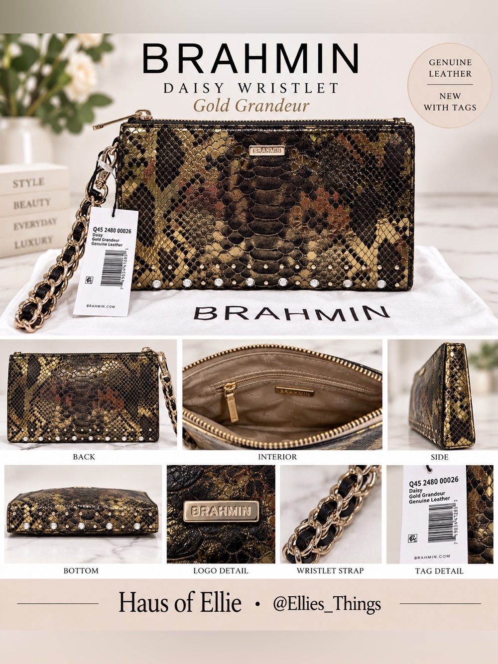 Brahmin Daisy Gold Grandeur Leather Wristlet NWT